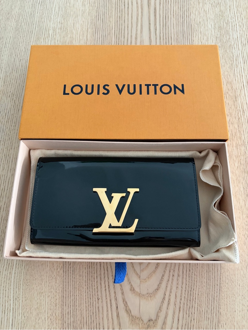 Louis Vuitton Black Patent Wallet with Gold LV Emblem